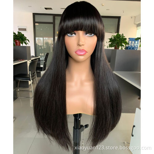 Super double drawn 12A Silky straight Machine made Human hair wigs with fringe/hair bang
